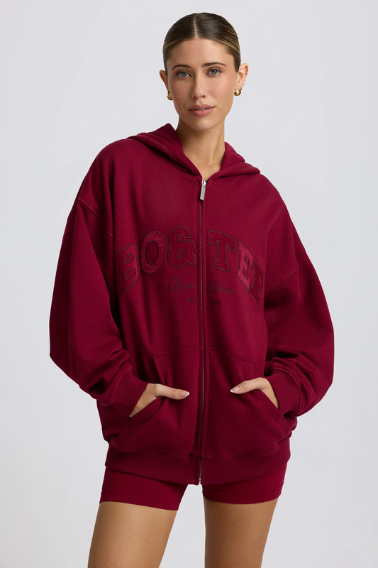 Oversized Zip-Up Hoodie in Burgundy - Size:L